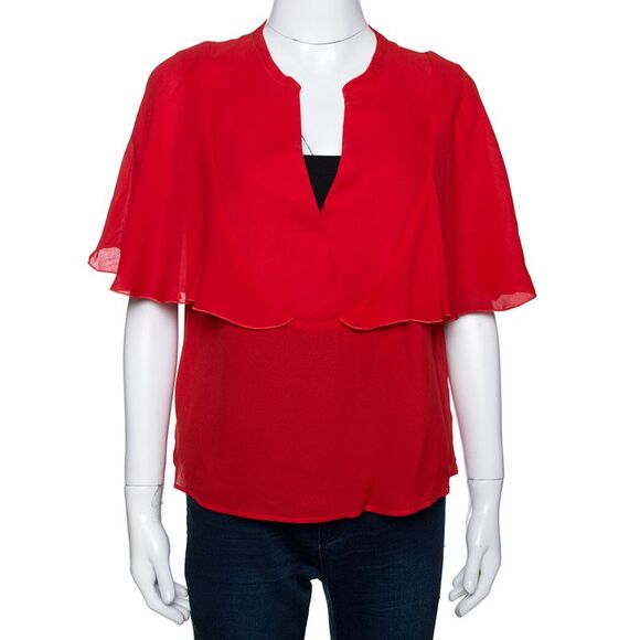 Giambattista Valli Red Crepe Ruffled Cape Detail Top M - Picture 1 of 4